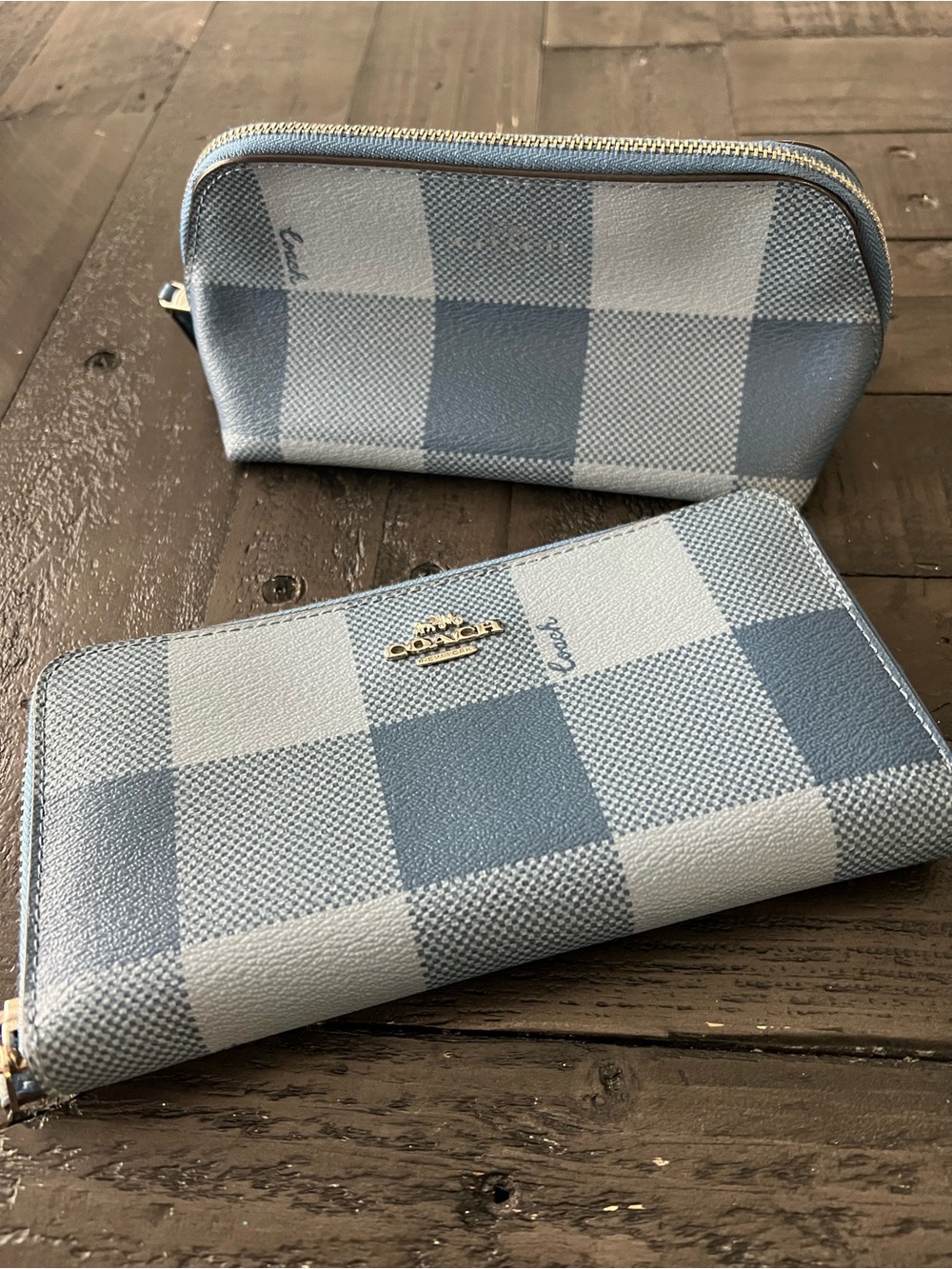 Coach Light Blue and White Checkered Wallet & Makeup Pouch Set